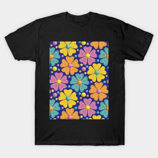 Floral Pattern Art On Blue Background T-Shirt